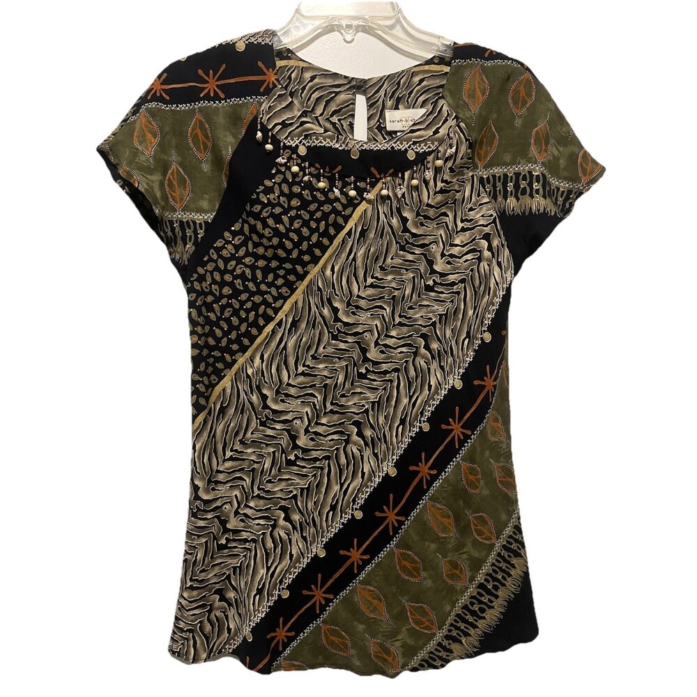 Vintage Sarah B Studio Cap Sleeve Beaded Rayon Top Mixed Print Size 10 Petite
